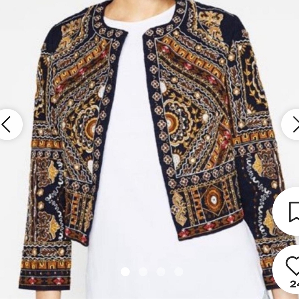Neiman Marcus Navy Embroidered Jacket with Gold, Red and Cream Accents